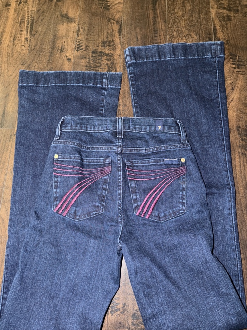 7 For All Mankind Dark Blue Boot Cut Jeans with Pink Back-Pocket Stitching